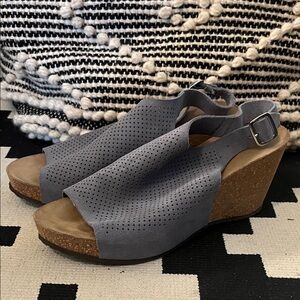 Marina Luna Perforated Slate Gray Suede Wedge Sandals